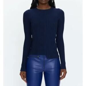 PISTOLA Navy Blue Betty Ribbed Asymmetric Hem Crewneck Sweater Medium